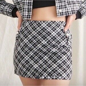 Forever21 Black/Cream Plaid Tweed Faux Pearl Mini Skirt Juniors YTK Size L